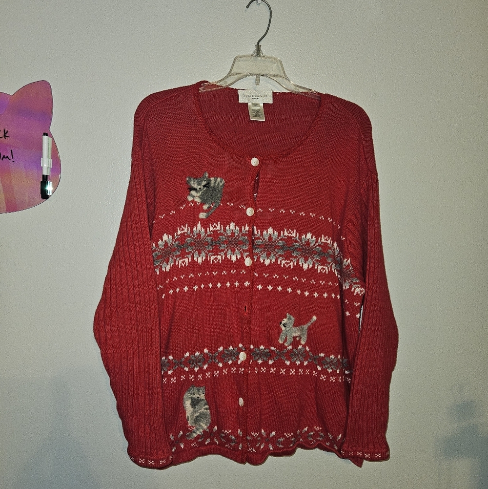 Vintage Christmas Sweater Felt Needle Cat Pattern Heavy Knit Womens Plus Size 2X
